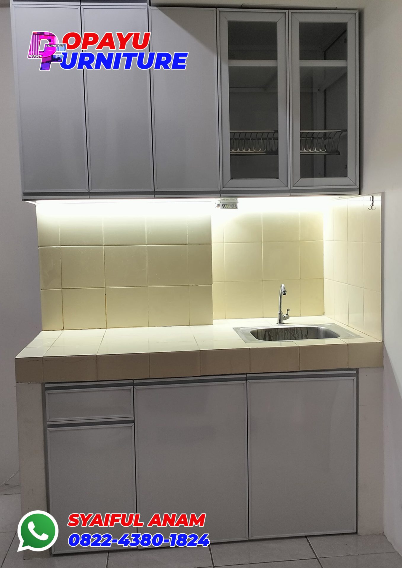 Pembuatan Kitchen Set Aluminium Frameless Putih Bu Evy Apartemen Darmo Permai Surabaya